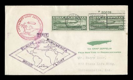 C13, 65c Graf Zeppelin, well centered top margin horizontal pair with plate no. F20078 above right stamp, tied to flown cover with Harry Ioor cachet in green, Ioor imprint on
reverse as well, stamp tied by Varick St. Sta., N.Y.May 6, 1930