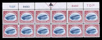 C3, 24c Carmine rose and blue, top margin arrow, two TOP and plate nos. 84938492 block of twelve, brilliant fresh colors, nicely centered overall, o.g., never hinged, with
minor gum skips that affect only the top right and top left stamps, ve