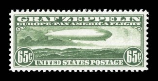 C13, 65c Graf Zeppelin, flawlessly centered within large margins, deep luxuriant color, o.g., n.h., couple of typical natural gum bends, extremely fine and handsome 1999 PF
certificate.