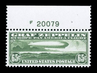 C13, 65c Graf Zeppelin, top margin plate no. F20079 single, excellent centering within large margins, strong rich color, o.g., n.h., trivial gum skips, extremely
fine.