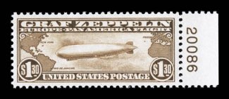 C14, $1.30 Graf Zeppelin, right margin plate no. 20086 single, large and perfectly balanced margins all around, lovely rich color, o.g., n.h., tiny natural gum inclusion,
extremely fine.