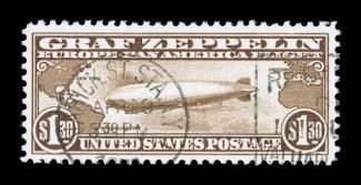 C14, $1.30 Graf Zeppelin, used, well centered with large margins, fresh color, lightly cancelled with a light Varick St. Sta  NY  Apr. 20 c.d.s., extremely fine 2005 PF
certificate.