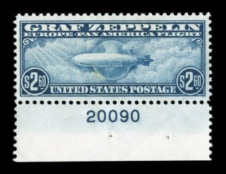 C15, $2.60 Graf Zeppelin, handsome bottom sheet-margin plate no. 20090 single, well centered, rich luxuriant color, o.g., barest trace of hinging, choice very fine 2003 PF
certificate.