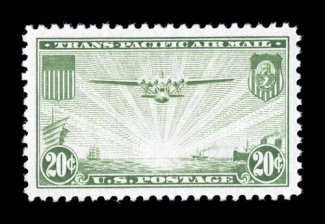 C21, 20c Green, perfectly centered within rather large margins, bright fresh color, o.g., n.h., superb 2008 PSE certificate (Superb 98 SMQ $230.00) the highest grade the PSE
has given to any example of this stamp.