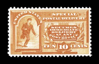 E3, 10c Orange, brilliant mint single, with gorgeous color and a particularly deep impression on pristine white paper, excellent centering as well, immaculate o.g., n.h.,
extremely fine a highly desirable never hinged example 2008 PF certifica