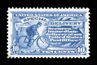 E6, 10c Ultramarine, precise centering within unusually large margins, brilliant color and impression on fresh paper, o.g., n.h., faint trace of a gum soak at bottom left,
otherwise extremely fine clear 2000 PF certificate.