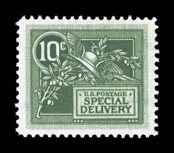 E7, 10c Green, highly select mint example, exceedingly well centered within wide margins, rich bright color and a clean impression, o.g., n.h., extremely fine 2008 PSE
certificate (XF-Superb 95 SMQ $840.00).