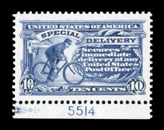 E8, 10c Ultramarine, a striking bottom margin plate no. 5514 single, featuring enormously large margins all around and being flawlessly centered within these impressive
borders, plus its color is incredibly rich and bright while its impression i