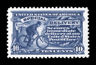 E11, 10c Ultramarine, pink back variety, exceedingly well centered within extra-large margins, gorgeous rich color and an intense impression, o.g., n.h., extremely fine and
choice 2007 PSE certificate (XF-Superb 95 SMQ $290.00).