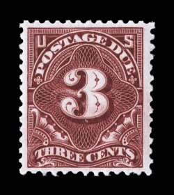 J33, 3c Deep claret, wonderfully fresh, intense color and a razor-sharp impression, well centered, o.g., n.h., extremely fine an especially elusive stamp never hinged 2007 PF
certificate (XF 90 SMQ $1,100.00).