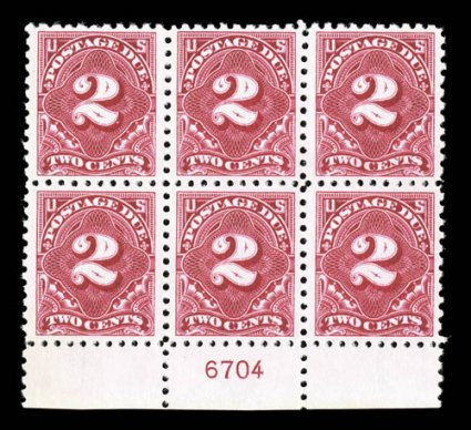 J53b, 2c Vermilion, handsome bottom margin plate no. 6704 block of six, well centered, brilliant color, pristine o.g., never hinged, very fine 2002 PSE
certificate.
