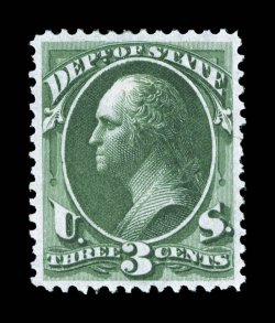O59, 3c State, a highly desirable mint single, beautifully centered, deeply rich color and highly detailed impression, o.g., extremely fine 2008 PSE certificate (XF 90 SMQ
$495.00) the highest grade the PSE has given this stamp and the sole