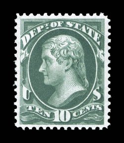 O62, 10c State, sumptuously rich color and a crisp detailed impression on especially fresh paper, very well centered within large margins, o.g., n.h., small natural gum
inclusion, extremely fine clear 2002 PSE certificate for a block of four, t