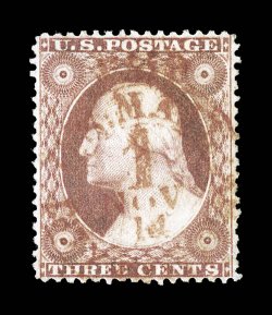 26, 3c Dull red, Ty. III, pretty used example, extraordinarily well centered, strong color and impression, cancelled solely by a red PaidU.S. MailCity Delivery carrier postmark,
extremely fine a lovely little gem 1993 PF certificate.