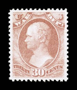 O92, 30c War, exceedingly well centered within rather large margins, warm color, fresh clean o.g., n.h., extremely fine 2008 PF certificate (XF 90 SMQ does not price never
hinged): the highest grade given to a never hinged O92.