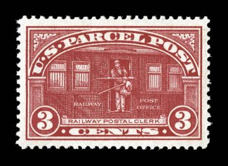 Q3, 3c Parcel Post, marvelously well centered within exceedingly large margins, radiant rich color and a highly detailed impression, pristine o.g., n.h., an extremely fine gem
2008 PSE certificate (XF-Superb 95 Jumbo SMQ $440.00 for 95 and $1,