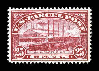 Q9, 25c Parcel Post, exceptionally well centered and margined, brilliantly rich color and a crisp impression, unblemished o.g., n.h., extremely fine 1999 PF certificate and a
2008 PSE certificate (XF 90 SMQ $485.00).