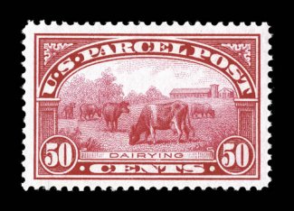 Q10, 50c Parcel Post, a magnificent mint example, boasting numerous desirable physical characteristics, including being precisely centered amid extraordinarily large margin,
gorgeous color that is exceptionally bright and rich, o.g., n.h., extre