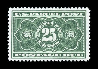 JQ5, 25c Parcel Post Postage Due, a choice mint example of this scarce and most difficult value, possessing far larger margins than typically associated with this and being
extraordinarily well centered within them, brilliantly fresh, rich luxur