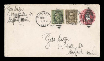 U520 var., 1 12c on 2c Carmine on white, die 1, double surcharge, UPSS die 134, size 10, knife 59, wmk. 25, a most unusual used entire in one of the scarcer smaller sizes,
bearing one surcharge impression on the stamp imprint and one at left un