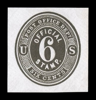 UO13, 6c Black Post Office Dept. on white, a very rare mint cut square, measuring a nicely balanced 33x34mm, wonderfully sharp embossing on bright white paper, very
fine.