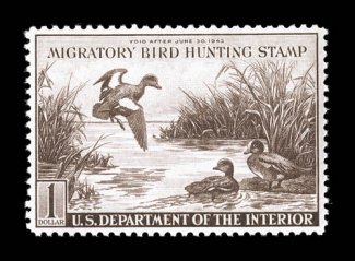 RW9, 1942 $1.00 Violet brown, wonderfully well centered and margined, strong rich color, flawless o.g., n.h., extremely fine 2008 PSE certificate (XF-Superb 95 SMQ
$1,200.00).