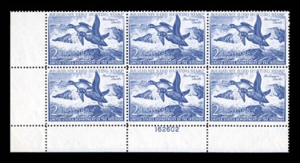 RW19, 1952 $2.00 Deep ultramarine, bottom left margin plate no. 162602 block of six, rich color, o.g., n.h., gum skips and bends, fine-very fine.