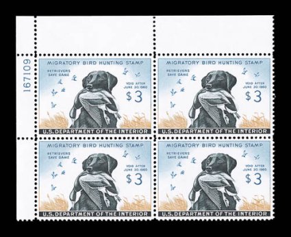 RW26, 1959 $3.00 Blue, ochre and black, top left margin plate no. 167109 block of four, well centered and fresh, o.g., n.h., very fine.