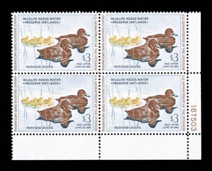 RW27, 1960 $3.00 Multicolored, bottom right margin plate no. 167503 block of four, bright colors, nicely centered, o.g., n.h., very fine.