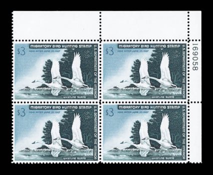 RW33, 1966 $3.00 Multicolored, top right margin plate no. 169058 block of four, exceptional centering, bright and fresh, o.g., n.h., extremely fine.