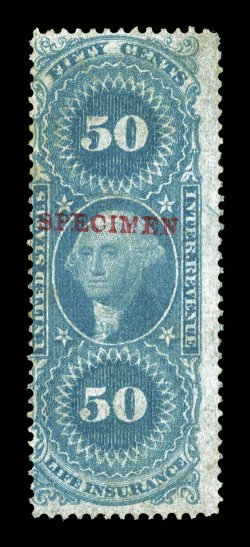 R16S-H53S-H, 3c-50c First Issue revenues, with Specimen overprint, twelve different with black or red overprints, most with strong attractive colors, some small faults, one
with s.e. at top and another with a sealed tear, fine appearance Spe
