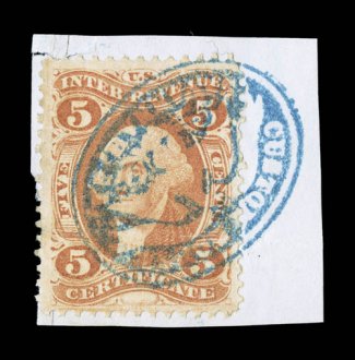 R24c, 5c Certificate, well centered single tied to piece by a crisp strike of blue fancy negative handstamp of the Custom House, Savannah, Ga., bright color, stamp with a faint
crease from file fold, otherwise very fine a particularly eye-c