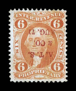 R31c, 6c Proprietary, uncommonly well centered, warm rich color, cancelled by a red A.T.S. & CO.AUG. 71 inverted printed cancel of A.T. Shallenberger & Co., slight thin spot, a
small surface scrape and a tiny indentation, very fine appea