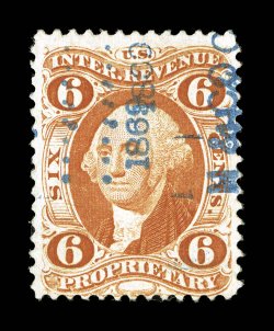R31c, 6c Proprietary, an attractive example of this key First Issue revenue rarity, featuring gloriously rich color and a razor sharp impression, quite well centered for this
notoriously difficult stamp, neat blue 1869 handstamped cancel, small