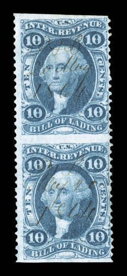 R32b, 10c Bill of Lading, part perforate, vertical pair, especially bright color and paper, light 1864 ms. cancel, faint diagonal crease, otherwise a fine example of this
scarce part perforate 1987 PF certificate.