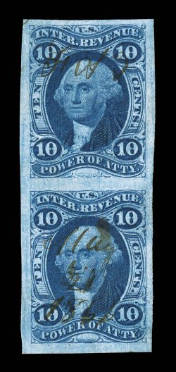 R37a, 10c Power of Attorney, imperforate, a lovely appearing vertical pair, with exceedingly large balanced margins all around, plus its color is an eye-arresting deep shade
and its impression prooflike on fresh paper, light 1866 ms. cancels, fa