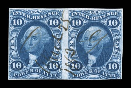 R37a, 10c Power of Attorney, imperforate, ample to full margins around except just touching the design at bottom right, strong rich color, light 1863 ms. cancel, right stamp
with a thin, fine-very fine appearance a rare pair that is unquestiona