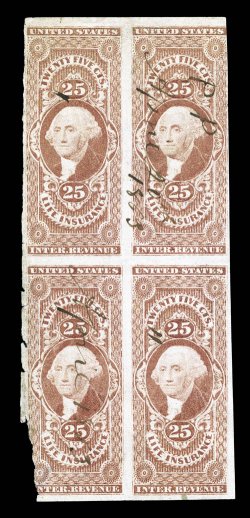 R47a, 25c Life Insurance, imperforate, block of four, margins ranging from large to into the design at bottom left where it was irregularly cut, some creasing, 1863 ms. cancel,
a collectable multiple that is the only known block of any size of