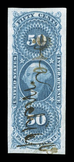 R61a, 50c Passage Ticket, imperforate, gem used example, featuring extraordinarily large margins all around, rich luxuriant color and a well incised impression, extremely
fine.