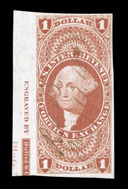 R68a, $1.00 Foreign Exchange, imperforate, left sheet-margin single with partial imprint in the selvage, full to large margins, attractive color, there is a tiny corner crease
at the top left corner of the selvage mentioned only for strict a