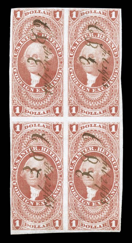 R68a, $1.00 Foreign Exchange, imperforate, attractive block of four, large margins all around except just touching the frame line at top, rich color, 1863 ms. cancels, very
fine an important first issue multiple that is the largest size block