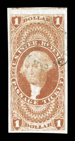 R74a, $1.00 Passage Ticket, imperforate, large margins all around including a portion of the adjoining stamp at top, bright color, light handstamp c.d.s. cancel, extremely
fine.
