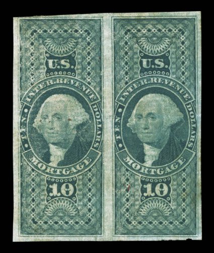 R95a, $10.00 Mortgage, imperforate, seldom seen mint horizontal pair, dry print, mostly large margins, large part o.g., h.r.s, small faults, very fine
appearance.