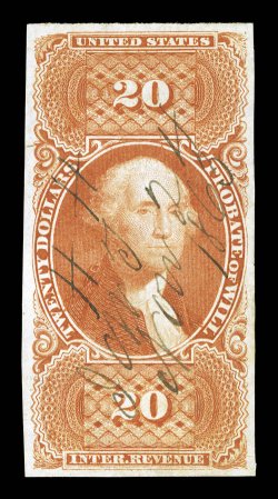 R99a, $20.00 Probate of Will, imperforate, four large even margins, brilliant color, 1863 ms. cancel, light horizontal crease, extremely fine appearance.