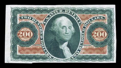 R102E $200.00 Green and orange red U.S.I.R., die essay on India, plate essay that is very close to the printed design but lacks the frame lines around 200 deep intense colors,
shows a strong inverted green offset on reverse, insignificant