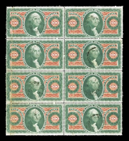 R102c, $200 Internal Revenue, an incredibly rare sheet of eight, cancelled by light handstamps of Milwaukee & St. Paul Railway Co., vertical creases, a few small repairs mostly
caused by the cancels, fine appearance this is the only recorded