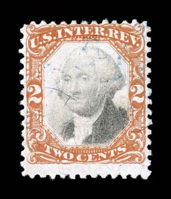 R135a, 2c Vermilion and black, error of color, bright fresh color, light blue herringbone cancel that does not break the paper, small thin spot, fine appearance clear 1975 PF
certificate.