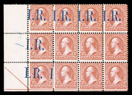R155d, R155e, 2c Pink, without overprint, a spectacular left sheet-margin block of twelve, with the right three stamps in the middle row with overprint omitted, the right three
stamps in the bottom row with the overprint printed on the back,