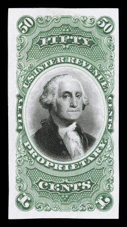 RB8P2, 50c Green and black, die proof on India, a lovely sized example, possessing large balanced margins all around, bright colors and highly detailed impressions, small hinge
thins as often found on this fragile India paper, otherwise very fin