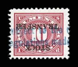RD34b, 10c Carmine rose, inverted overprint, bright and fresh, blue handstamped cancel, insignificant tiny internal crease, otherwise very fine an exceedingly scarce error
clear 1990 PSE certificate and a 2008 PF certificate.
